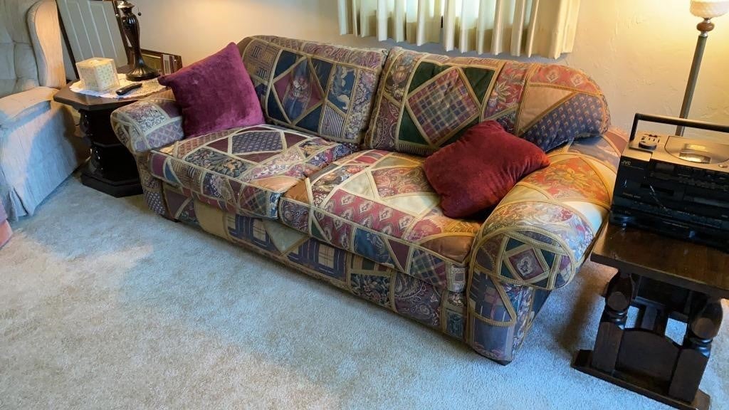 Unique leather and tapestry patchwork sofa, 84