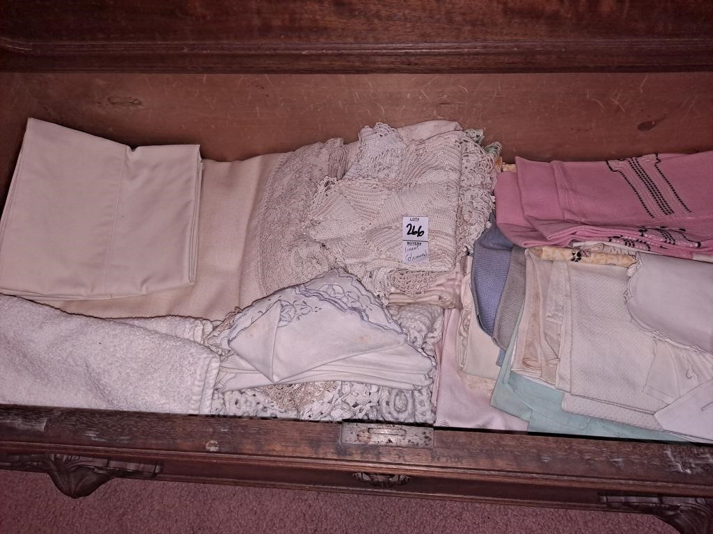 Drawer lot of antique linens, tablecloths and