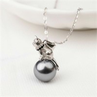 Pearl Cat & Moon Pendant Necklace 925 Sterling