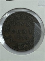 CANADA 1910 LG 1 CENT COIN - FINE