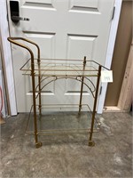 Vintage Wheeled Bar Cart Brass Color Glass Shelves