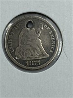 USA - 1875 SILVER 10 CENT COIN - HOLED