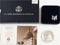 PROOF US CAPITOL SILVER DOLLAR W BOX PAPERS