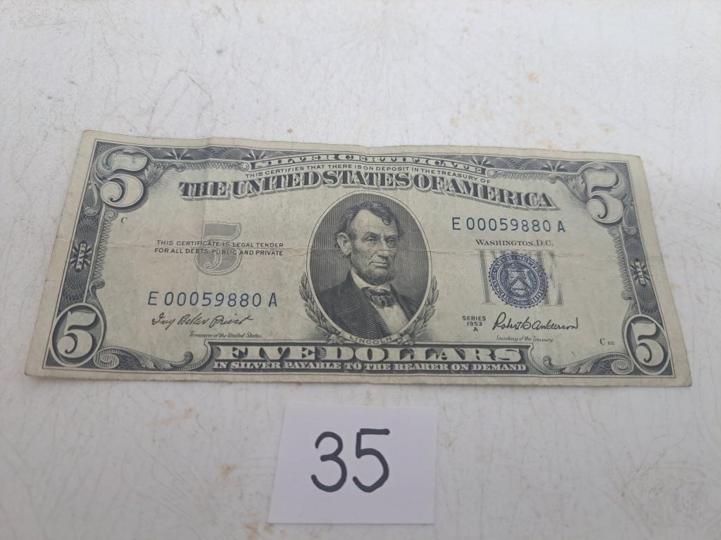 $5 Dollar Silver Certificate Blue Seal 1953A