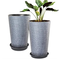 2-Pack Grey Tall Planter, Thick Resin Round Plant