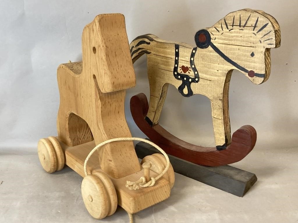 Two Vintage Wood Carved Horse Toys