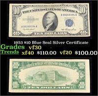 1953 $10 Blue Seal Silver Certificate Grades vf++