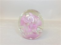Unmarked Pink Floral Glass Paperweight