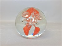 Unmarked Orange/Clear Bubble Glass Paperweight
