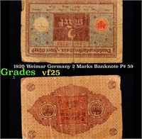 1920 Weimar Germany 2 Marks Banknote P# 59 Grades