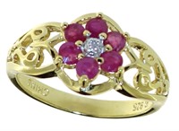 Antique Style Genuine Ruby & Diamond Flower Ring