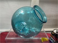Vintage blue glass tilted/upright jar 6 1/2” tall