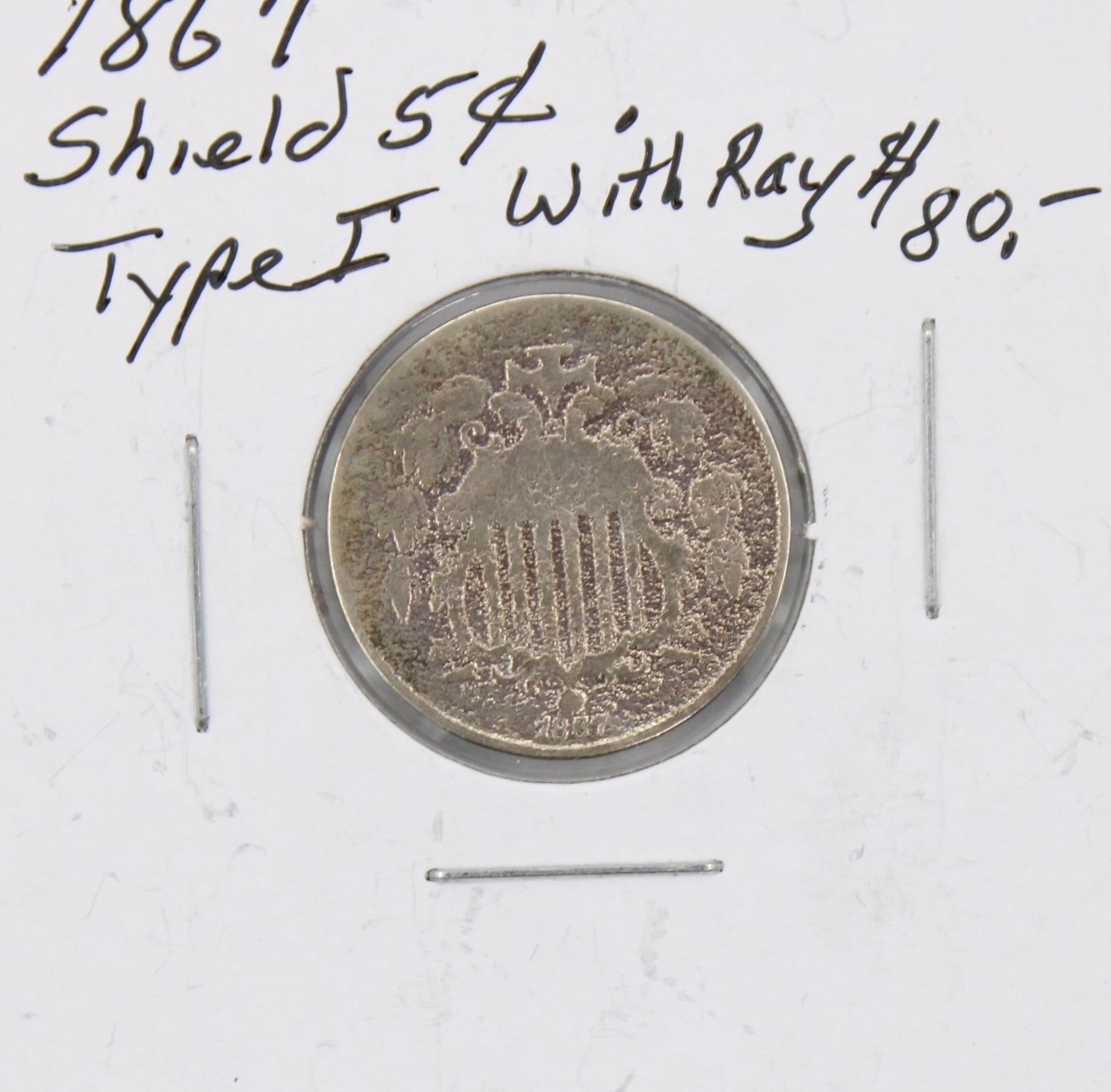 1867 Shield Nickel Type 1 w/ Ray