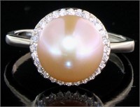 Quality 10 mm Rose Pearl Halo Ring