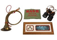 VINTAGE COLLECTIBLES- BRASS HORN, COINS AND MORE!