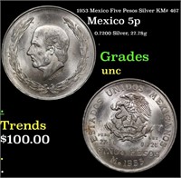 1953 Mexico Five Pesos Silver KM# 467 Grades Brill