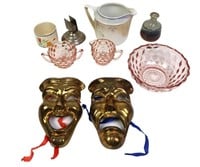 PINK DEPRESSION GLASS, BRASS THEATER MASKS & MORE