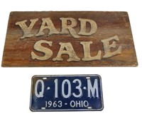 YARD SALE SIGN AND VINTAGE LICENSE PLATE