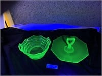 Green glass bowl and tray