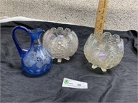 Iridescent rose bowls & Blue pitcher