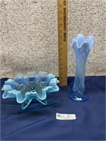 Blue Opalescent Footed Bowl & Vase