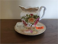 Rose hand painted plate, pitcher