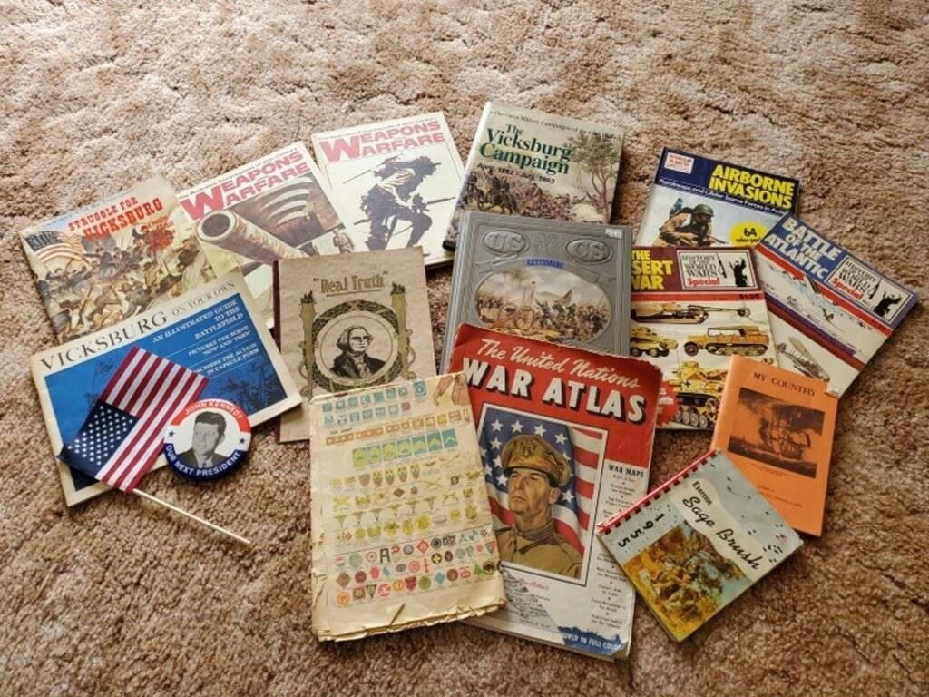 JFK campaign button, political, war books, maps,