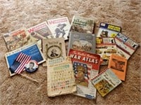 JFK campaign button, political, war books, maps,