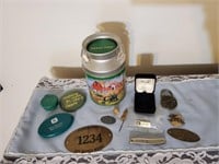 John Deere tin, memorabilia, pocket knife, lapel