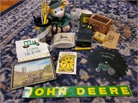 John Deere collectibles, radio, bell, plush cow,