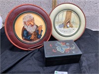 Folk art painted plates & box