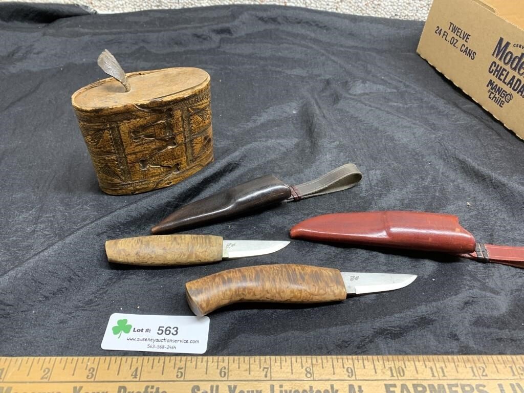 F H wood Handled Knives & small box