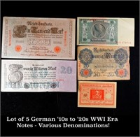 Lot of 5 German '10s to '20s WWI Era Notes - Vario