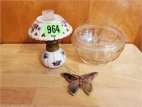 Butterfly, irredescent bowl, miniature lamp