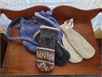 Handmade wool satchel, mittens (2 pairs)
