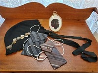 Silouttte portrait, necktie bags, coin bracelet,