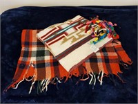 Wool fabric remnant, stadium blanket, embroidery