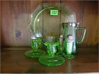 Green Depression glassware lot,
platter,