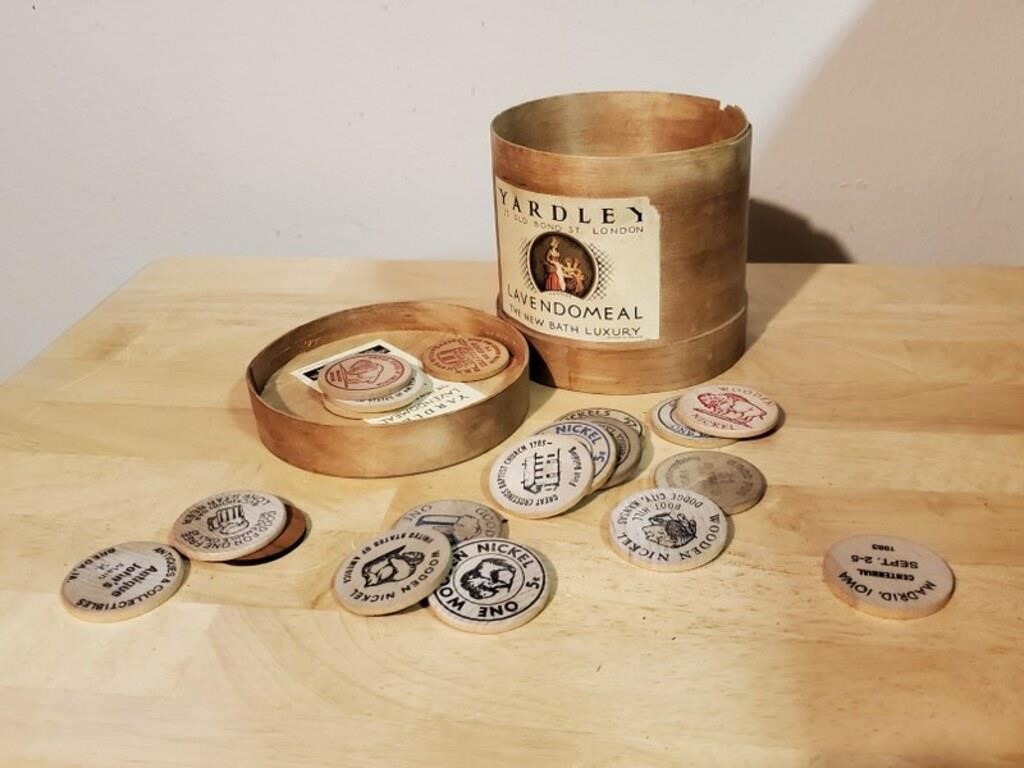 Cheese box of wooden nickels