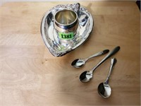Silver child's cup, plated spoons, heart dish