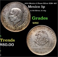 1953 Mexico 5 Pesos Silver KM# 467 Grades Brillian