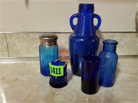 Antique cobalt bottles, shaker, toothpick