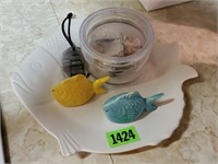 Fish plate, shakers, shell candle, lighthouse