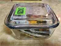 Glass refrigerator dish, seed packets