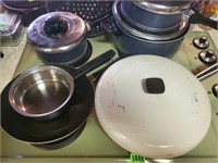 Cookware lot, assorted skillets, pans, strainer