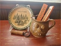 Pottery mug, plate, plant stakes, whiskey ring