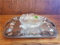 Silver tray, pheasant glass bowl