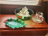 Green glass serving bowl, holiday trays, mug