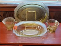 Yellow depression glassware, plates, cream &