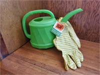 Plastic watering can, NWT gardening gloves